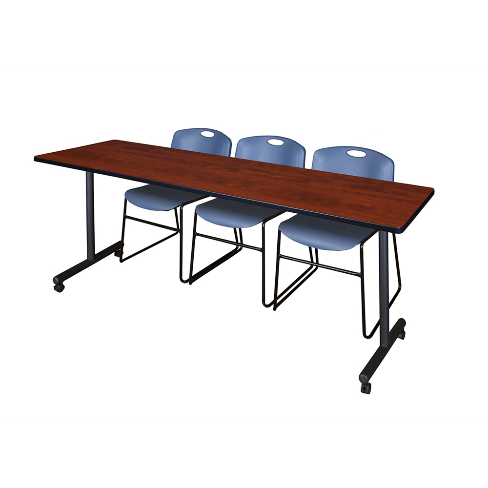 84" x 24" Kobe Mobile Training Table- Cherry & 3 Zeng Stack Chairs- Blue. Picture 1