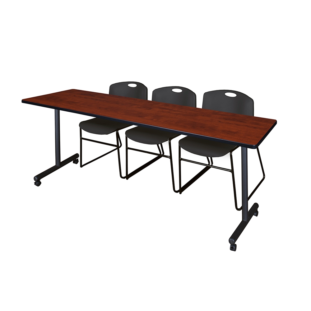 84" x 24" Kobe Mobile Training Table- Cherry & 3 Zeng Stack Chairs- Black. Picture 1