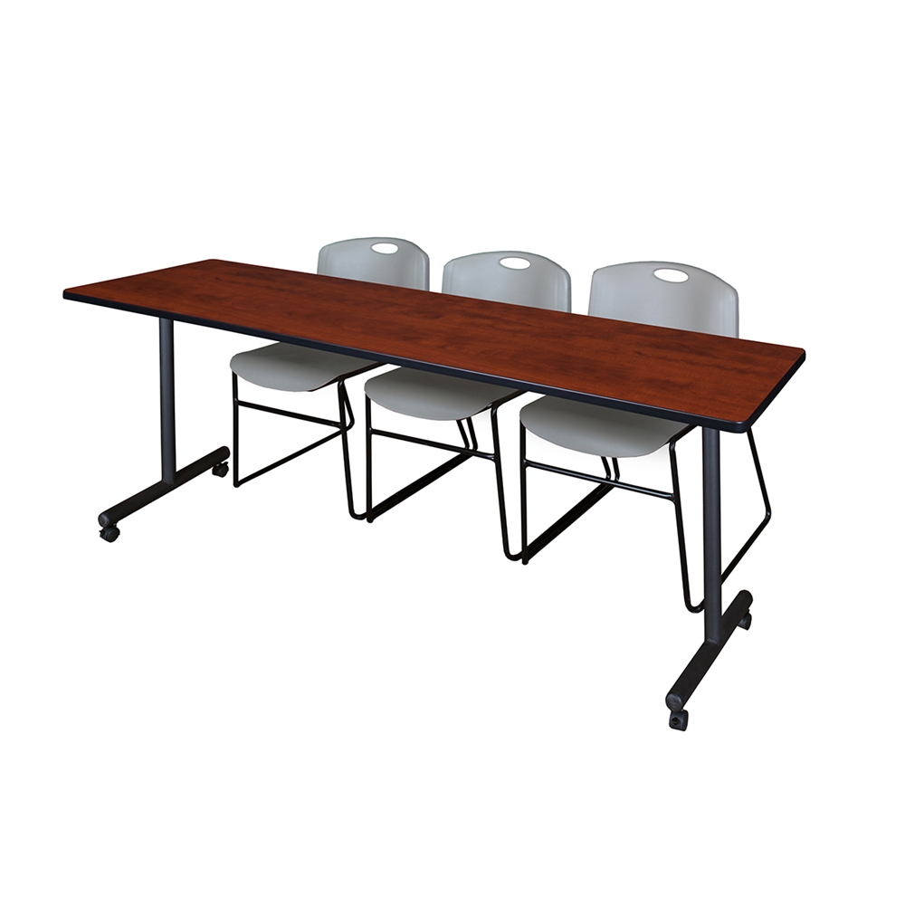 84" x 24" Kobe Mobile Training Table- Cherry & 3 Zeng Stack Chairs- Grey. Picture 1