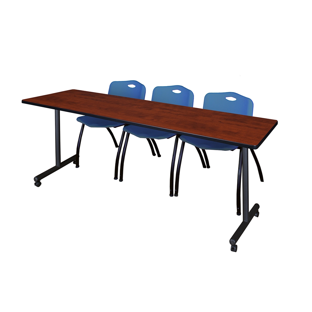 84" x 24" Kobe Mobile Training Table- Cherry & 3 'M' Stack Chairs- Blue. Picture 1