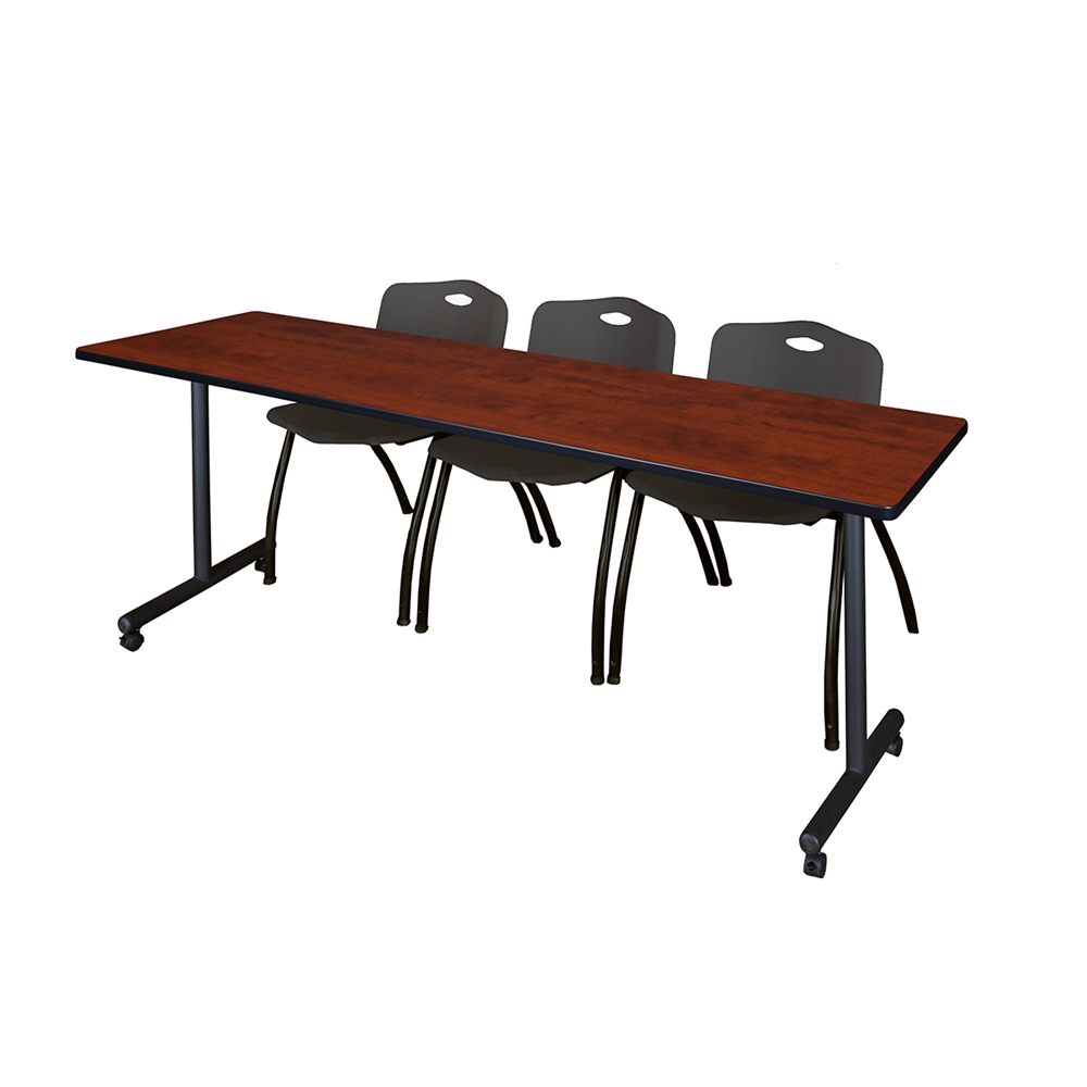 84" x 24" Kobe Mobile Training Table- Cherry & 3 'M' Stack Chairs- Black. Picture 1