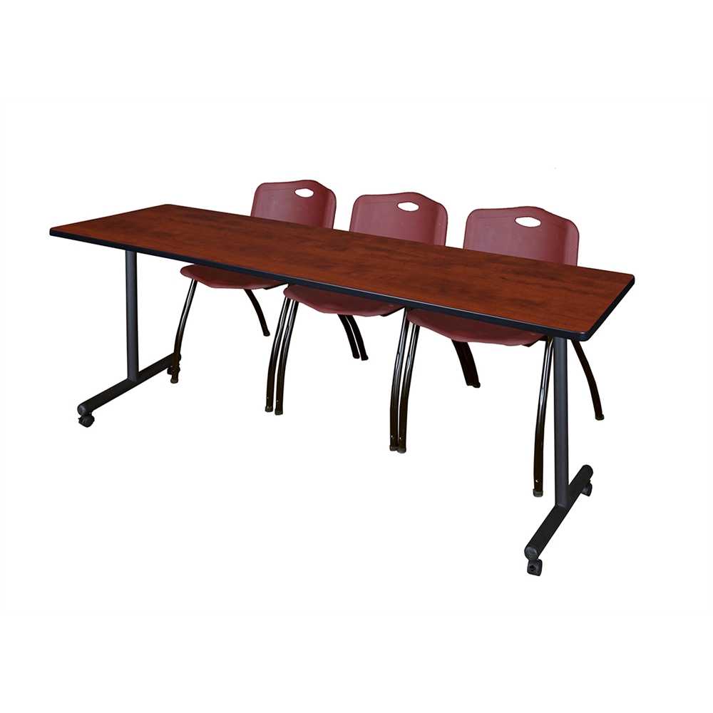 84" x 24" Kobe Mobile Training Table- Cherry & 3 'M' Stack Chairs- Burgundy. Picture 1