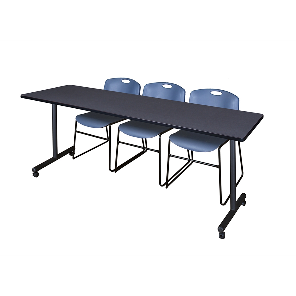 84" x 24" Kobe Mobile Training Table- Grey & 3 Zeng Stack Chairs- Blue. Picture 1