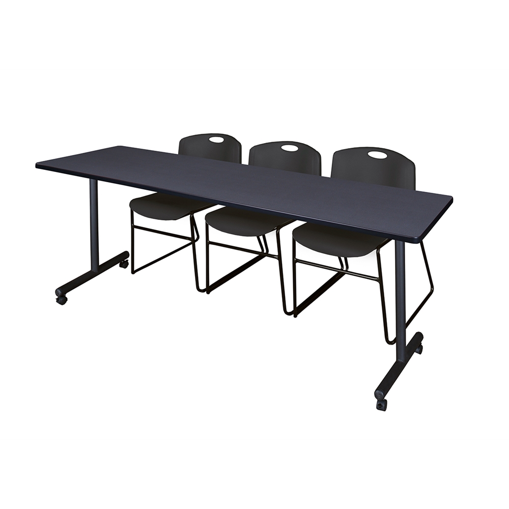 84" x 24" Kobe Mobile Training Table- Grey & 3 Zeng Stack Chairs- Black. The main picture.