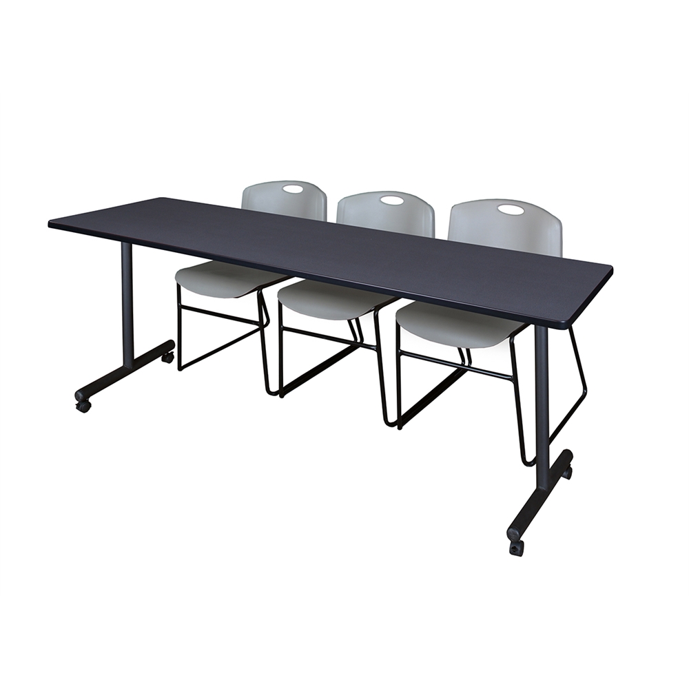 84" x 24" Kobe Mobile Training Table- Grey & 3 Zeng Stack Chairs- Grey. Picture 1