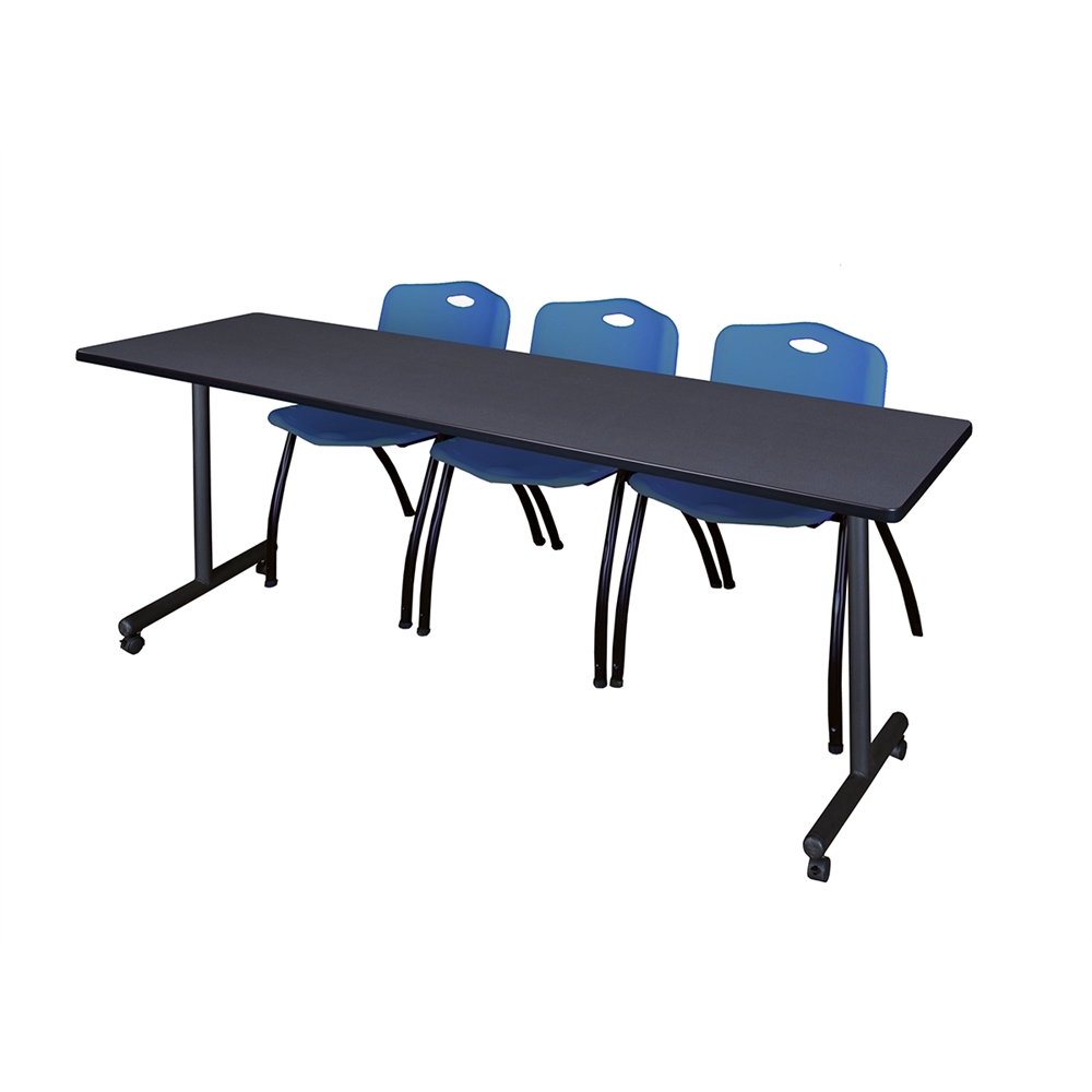 84" x 24" Kobe Mobile Training Table- Grey & 3 'M' Stack Chairs- Blue. Picture 1