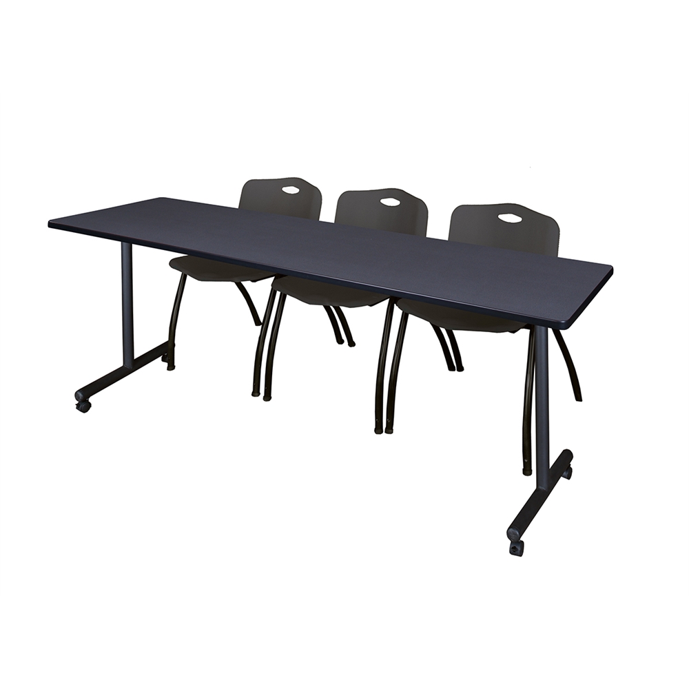 84" x 24" Kobe Mobile Training Table- Grey & 3 'M' Stack Chairs- Black. Picture 1