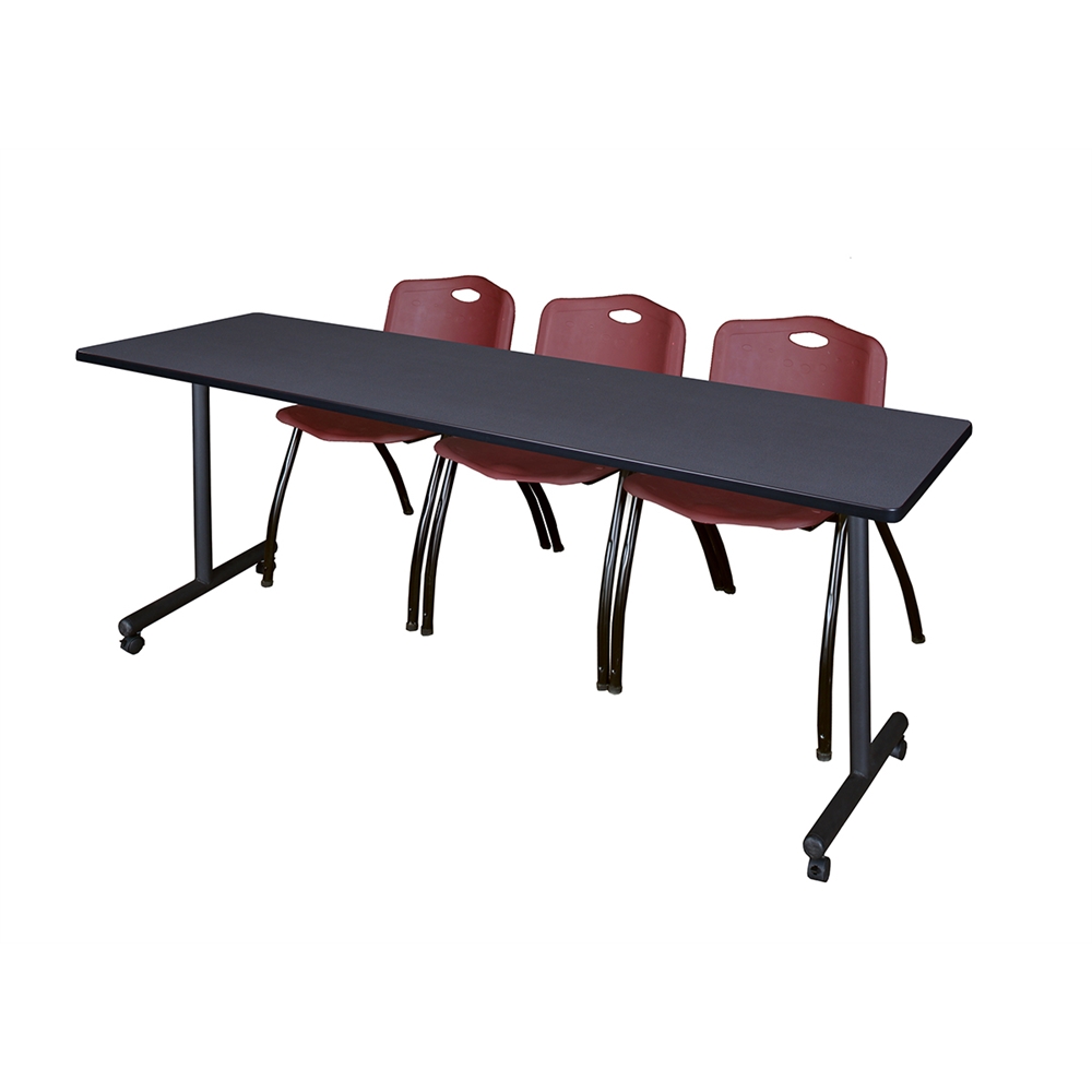 84" x 24" Kobe Mobile Training Table- Grey & 3 'M' Stack Chairs- Burgundy. Picture 1