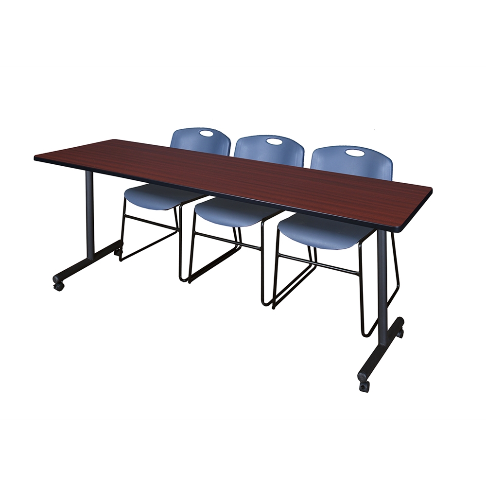 84" x 24" Kobe Mobile Training Table- Mahogany & 3 Zeng Stack Chairs- Blue. Picture 1