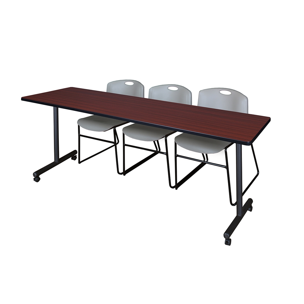 84" x 24" Kobe Mobile Training Table- Mahogany & 3 Zeng Stack Chairs- Grey. Picture 1