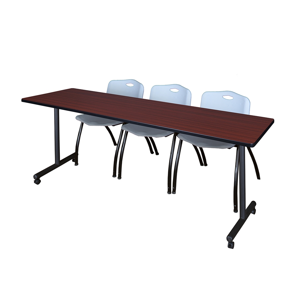84" x 24" Kobe Mobile Training Table- Mahogany & 3 'M' Stack Chairs- Grey. Picture 1