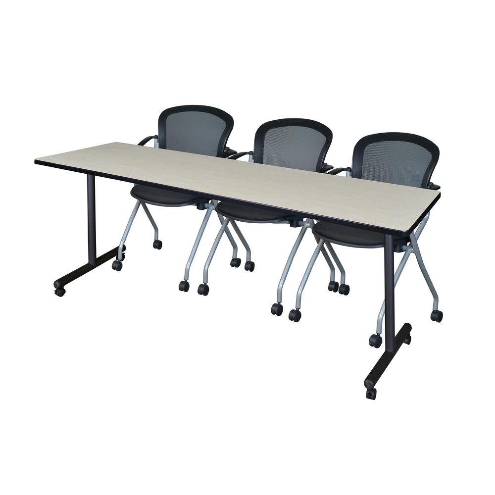 84" x 24" Kobe Mobile Training Table- Maple & 3 Cadence Chairs- Black. Picture 1