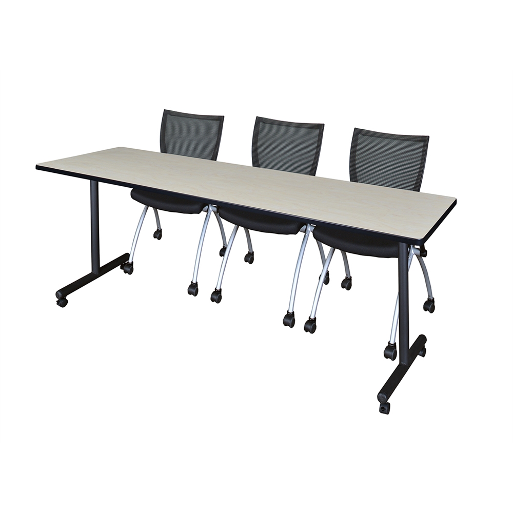 84" x 24" Kobe Mobile Training Table- Maple & 3 Apprentice Chairs- Black. Picture 1