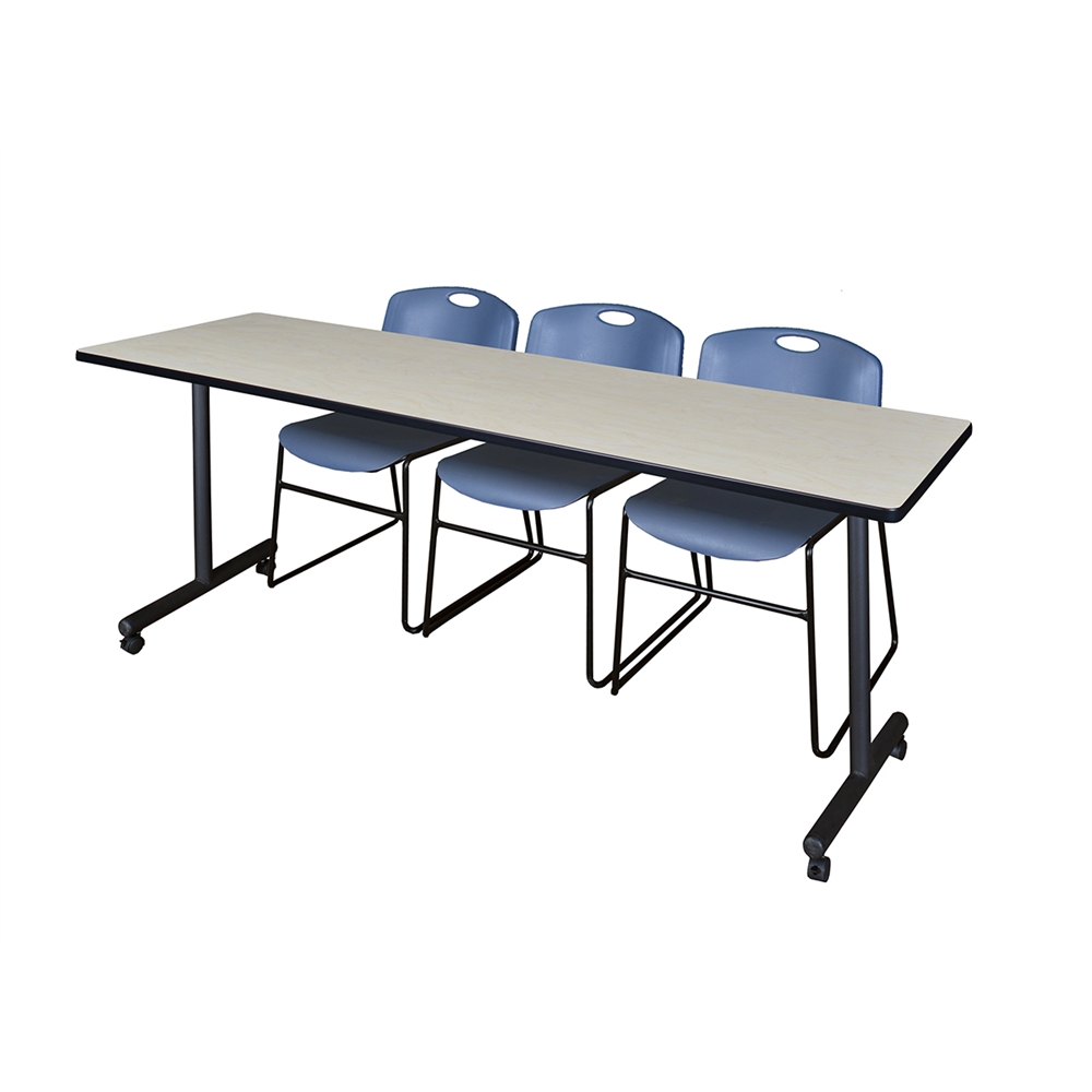 84" x 24" Kobe Mobile Training Table- Maple & 3 Zeng Stack Chairs- Blue. Picture 1