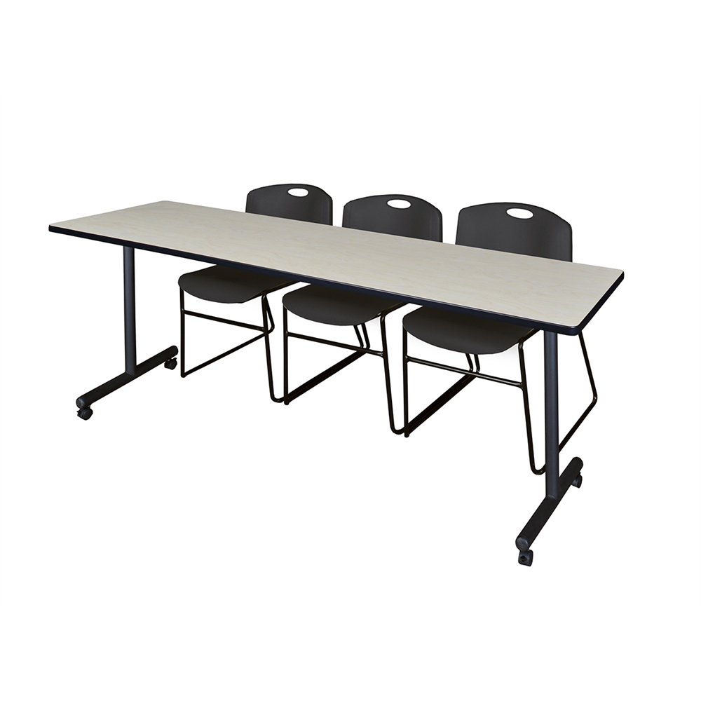 84" x 24" Kobe Mobile Training Table- Maple & 3 Zeng Stack Chairs- Black. Picture 1