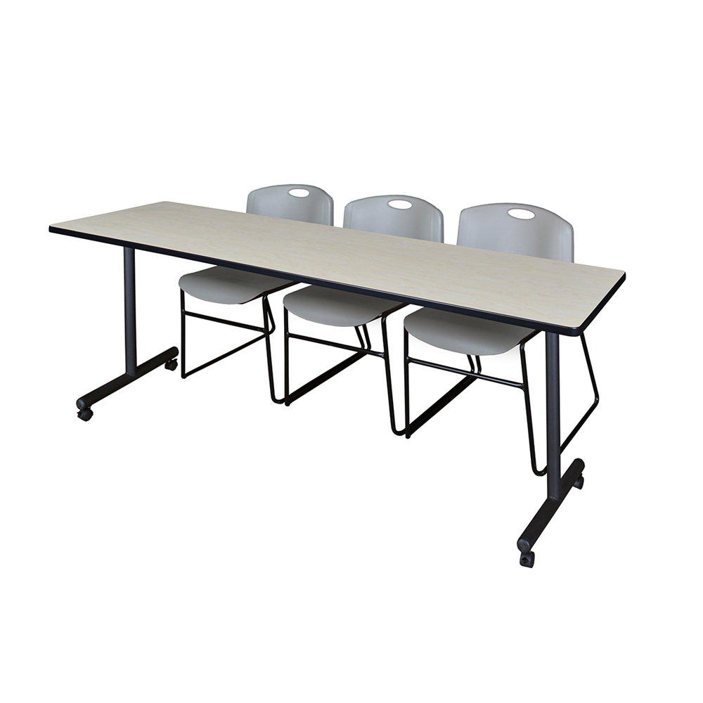 84" x 24" Kobe Mobile Training Table- Maple & 3 Zeng Stack Chairs- Grey. Picture 1