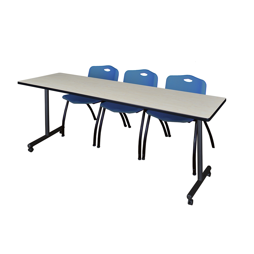 84" x 24" Kobe Mobile Training Table- Maple & 3 'M' Stack Chairs- Blue. Picture 1