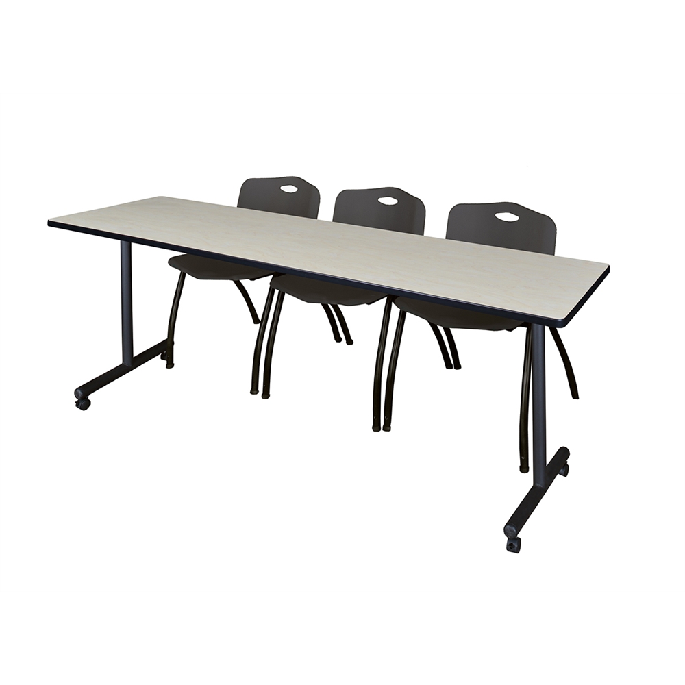 84" x 24" Kobe Mobile Training Table- Maple & 3 'M' Stack Chairs- Black. Picture 1