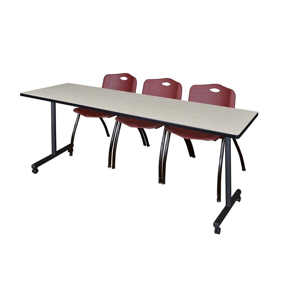 84" x 24" Kobe Mobile Training Table- Maple & 3 'M' Stack Chairs- Burgundy. Picture 1