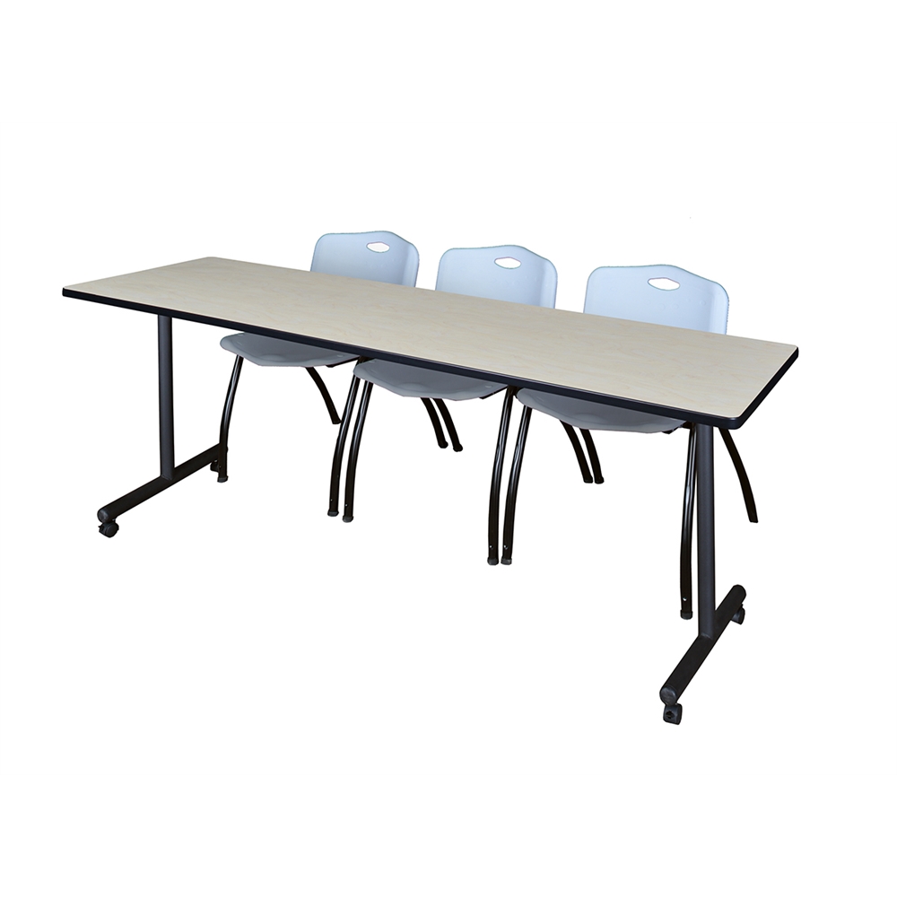 84" x 24" Kobe Mobile Training Table- Maple & 3 'M' Stack Chairs- Grey. Picture 1