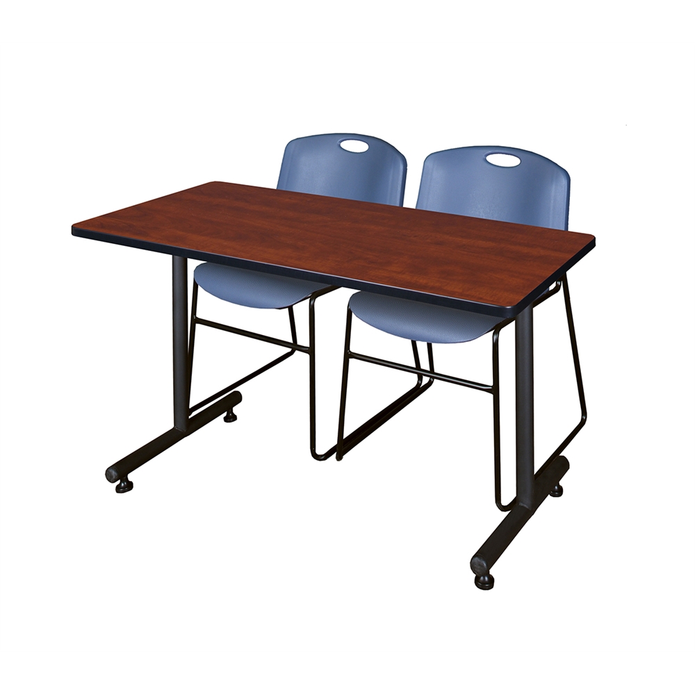 48" x 24" Kobe Training Table- Cherry & 2 Zeng Stack Chairs- Blue. Picture 1