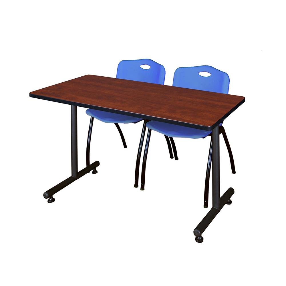 48" x 24" Kobe Training Table- Cherry & 2 'M' Stack Chairs- Blue. Picture 1