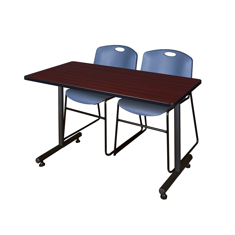 48" x 24" Kobe Training Table- Mahogany & 2 Zeng Stack Chairs- Blue. Picture 1