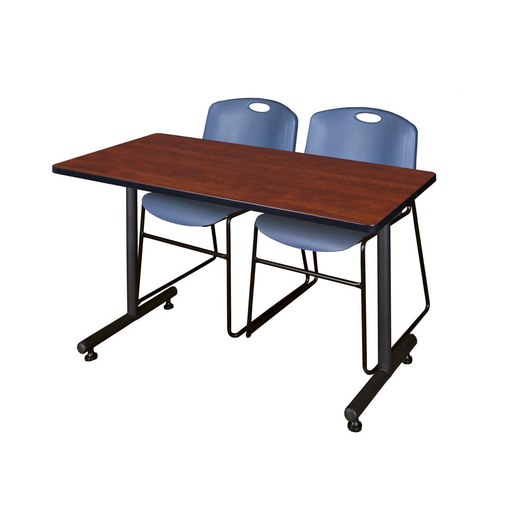 48" x 30" Kobe Training Table- Cherry and 2 Zeng Stack Chairs- Blue. Picture 1