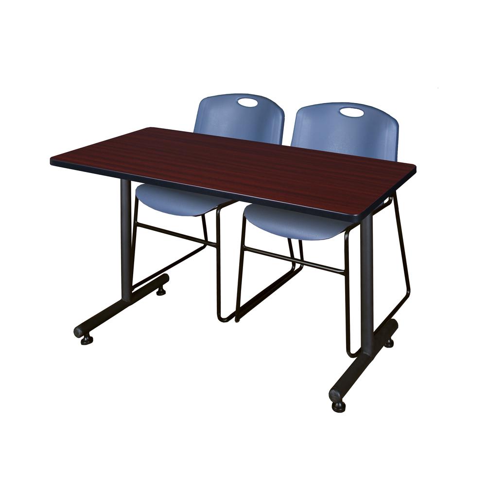 48" x 30" Kobe Training Table- Mahogany and 2 Zeng Stack Chairs- Blue. Picture 1