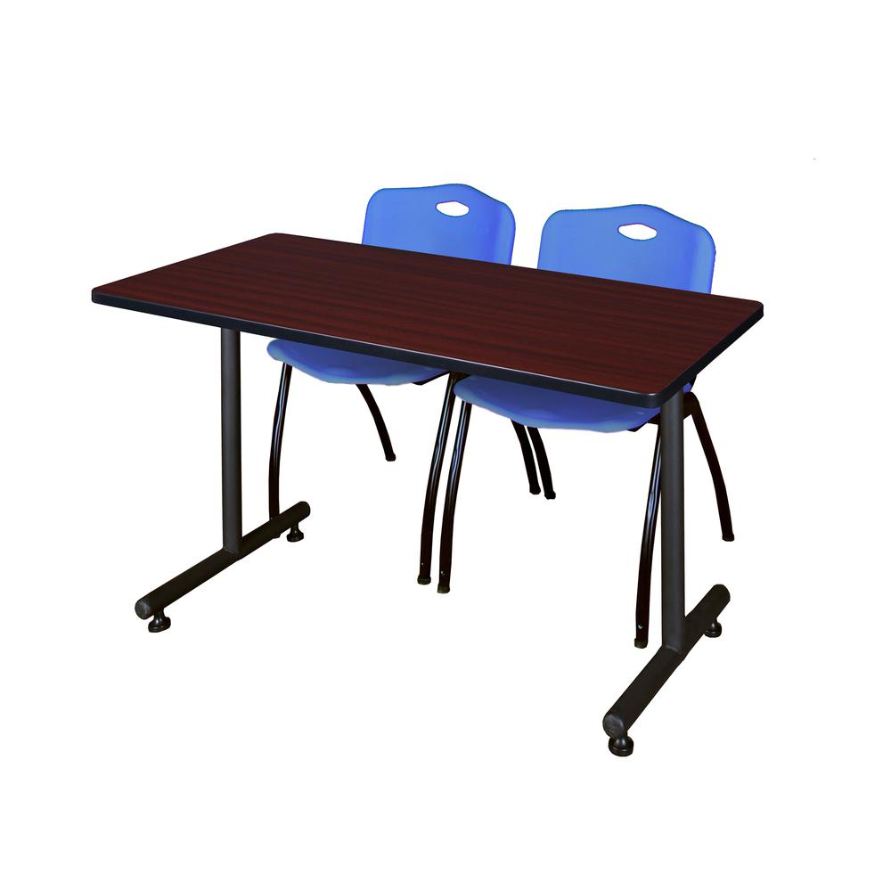 48" x 30" Kobe Training Table- Mahogany and 2 "M" Stack Chairs- Blue. Picture 1