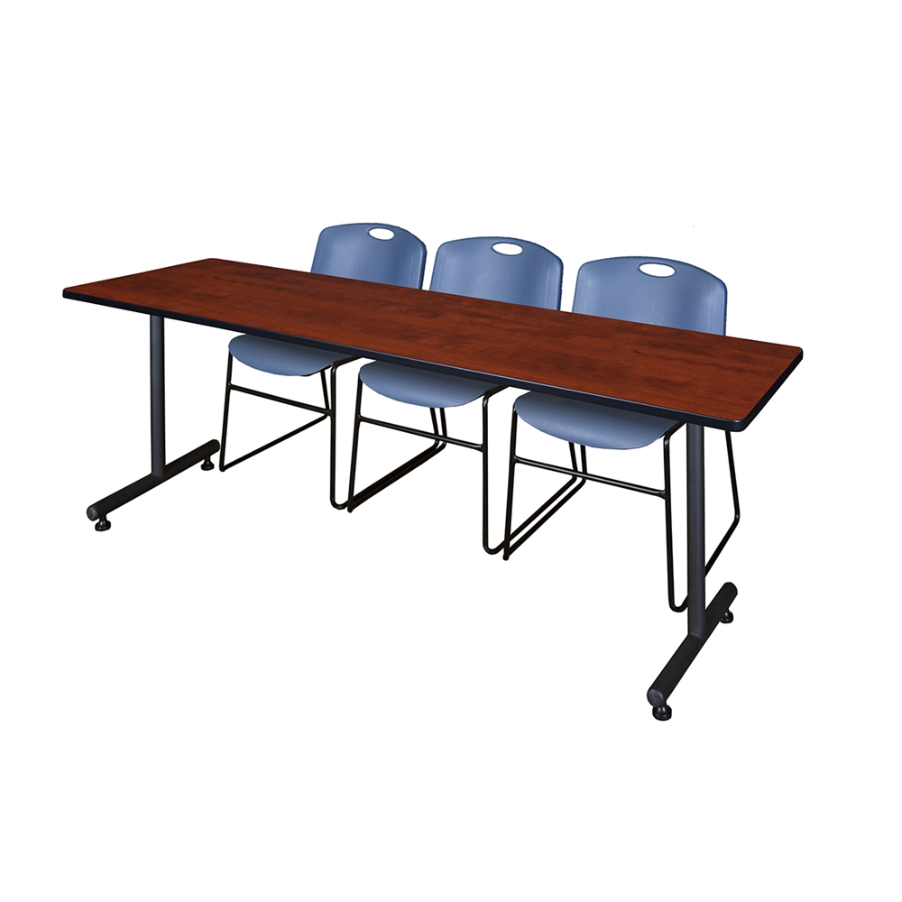 84" x 24" Kobe Training Table- Cherry & 3 Zeng Stack Chairs- Blue. Picture 1