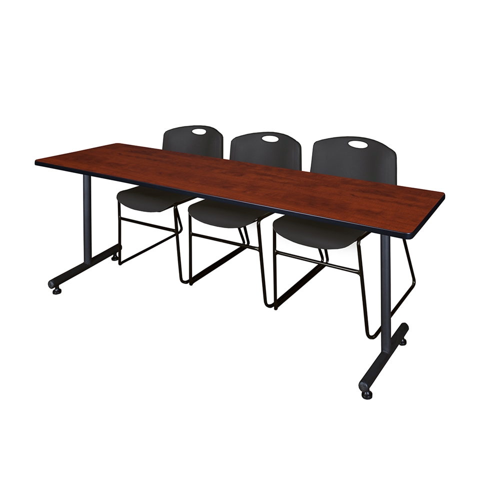 84" x 24" Kobe Training Table- Cherry & 3 Zeng Stack Chairs- Black. Picture 1