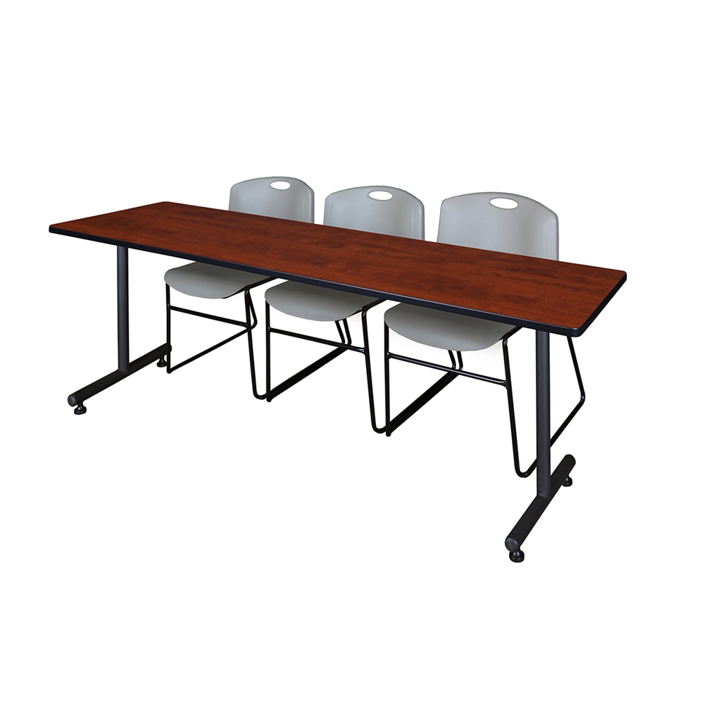 84" x 24" Kobe Training Table- Cherry & 3 Zeng Stack Chairs- Grey. Picture 1