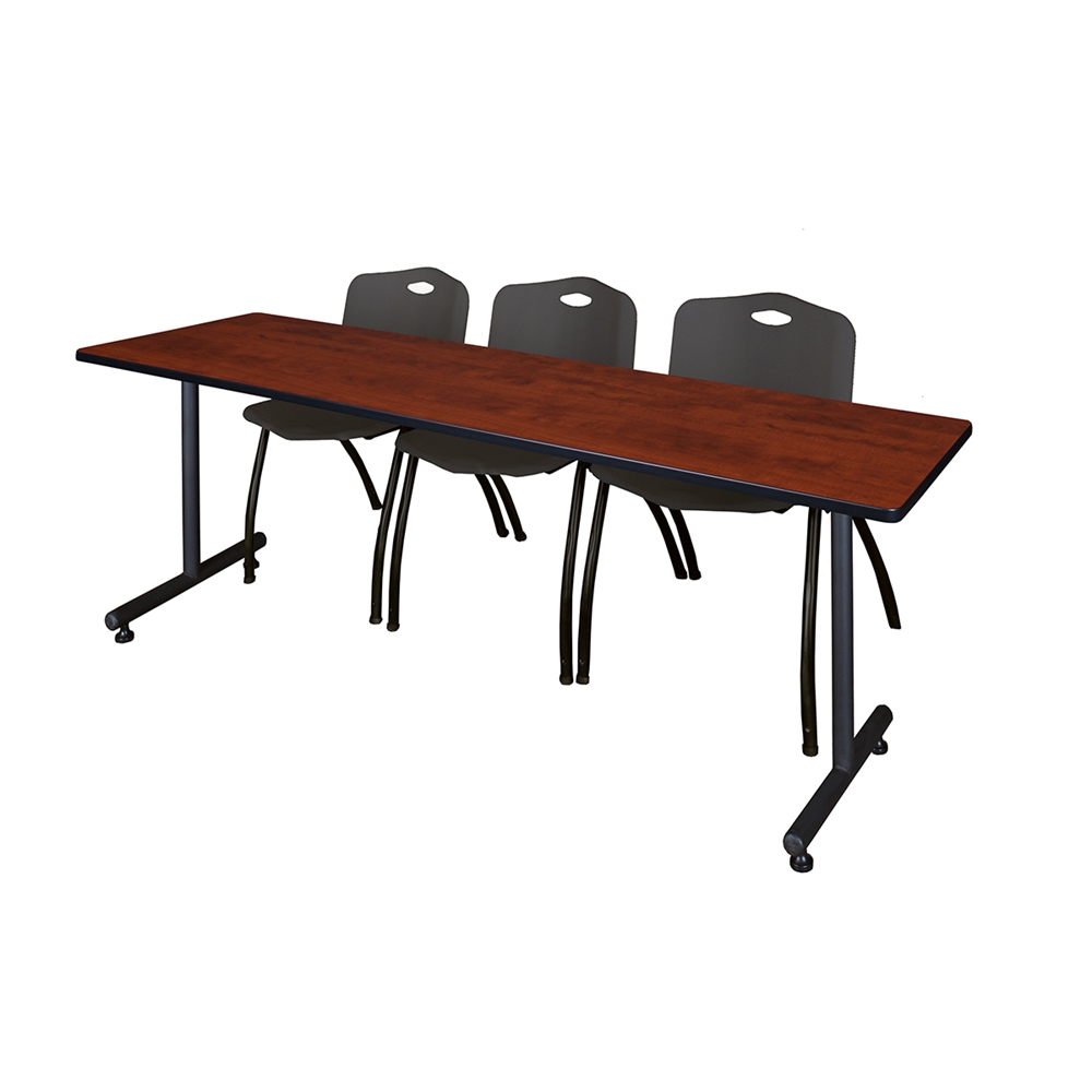 84" x 24" Kobe Training Table- Cherry & 3 'M' Stack Chairs- Black. Picture 1
