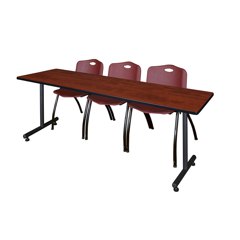 84" x 24" Kobe Training Table- Cherry & 3 'M' Stack Chairs- Burgundy. Picture 1