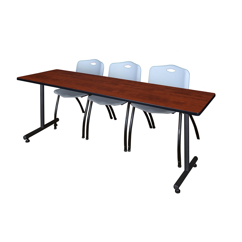 84" x 24" Kobe Training Table- Cherry & 3 'M' Stack Chairs- Grey. Picture 1