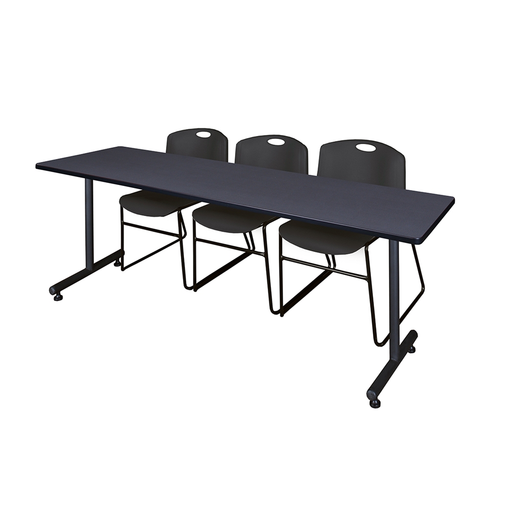84" x 24" Kobe Training Table- Grey & 3 Zeng Stack Chairs- Black. The main picture.