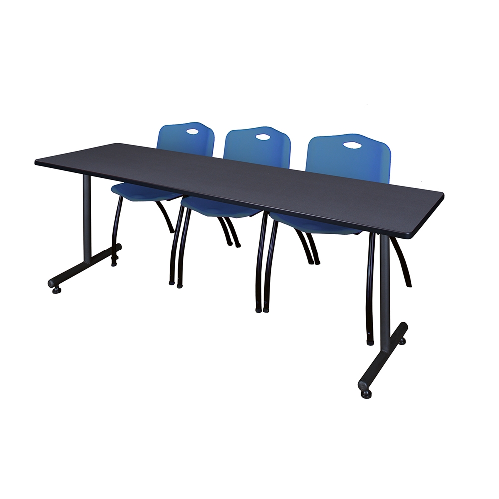 84" x 24" Kobe Training Table- Grey & 3 'M' Stack Chairs- Blue. Picture 1
