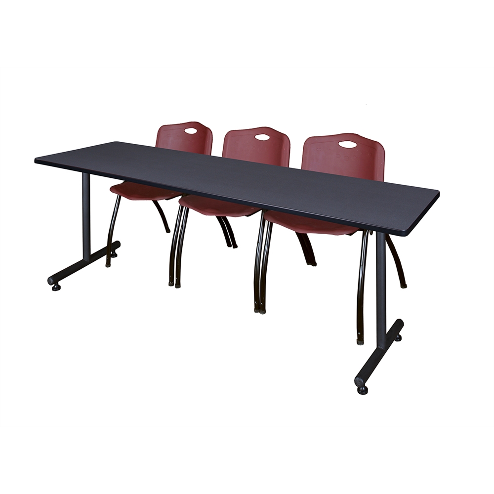 84" x 24" Kobe Training Table- Grey & 3 'M' Stack Chairs- Burgundy. Picture 1