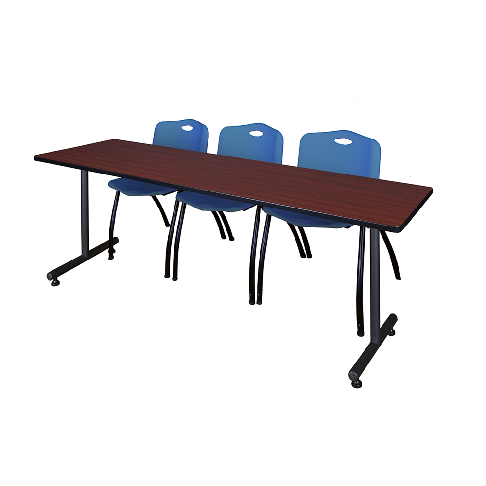 84" x 24" Kobe Training Table- Mahogany & 3 'M' Stack Chairs- Blue. Picture 1
