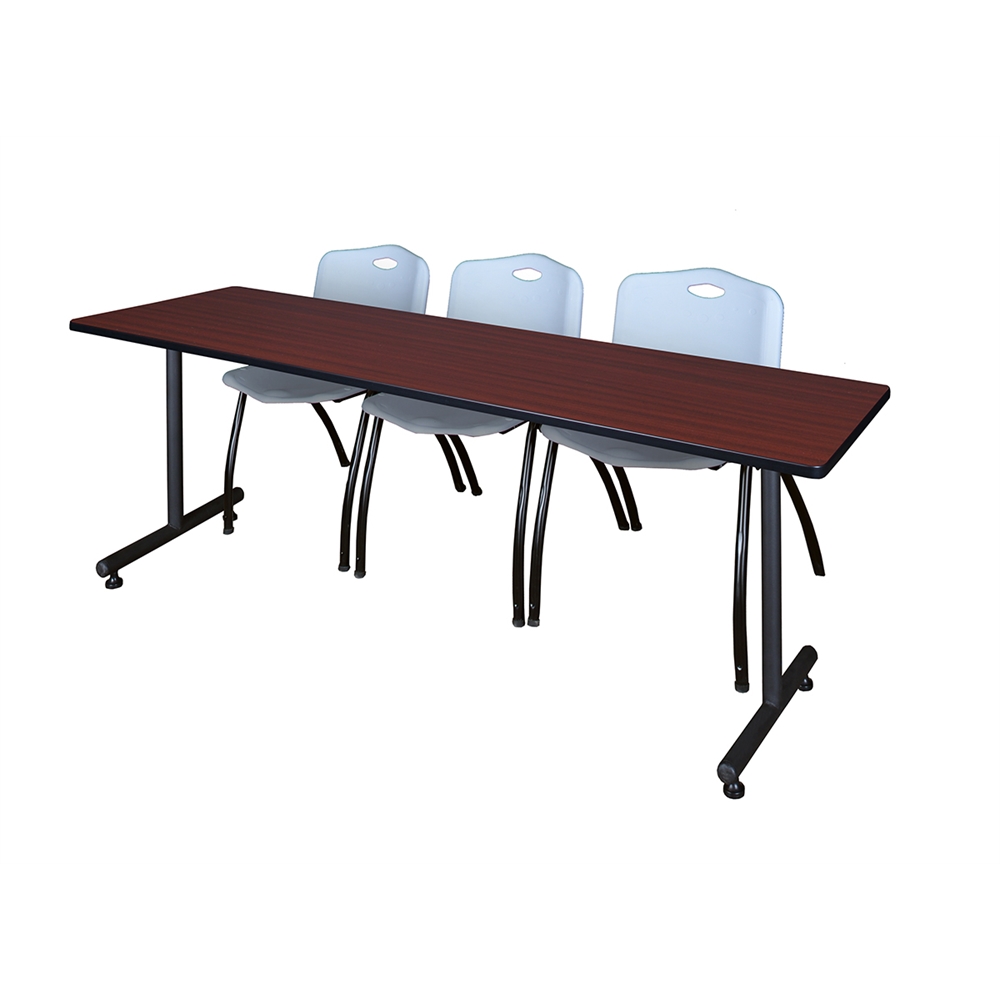 84" x 24" Kobe Training Table- Mahogany & 3 'M' Stack Chairs- Grey. Picture 1