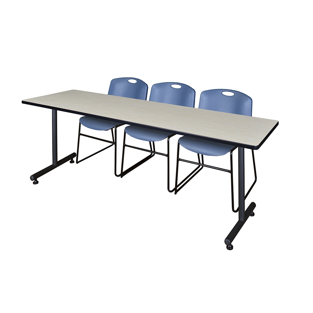 84" x 24" Kobe Training Table- Maple & 3 Zeng Stack Chairs- Blue. Picture 1