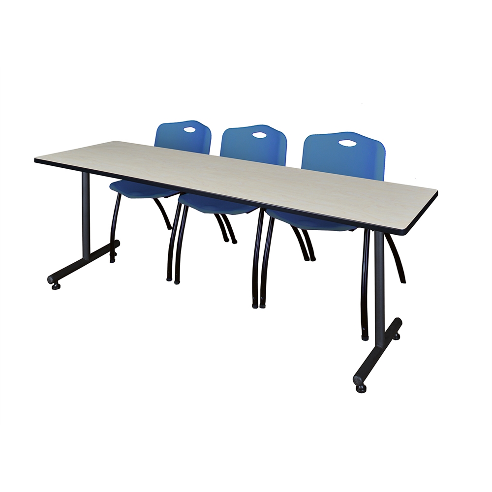 84" x 24" Kobe Training Table- Maple & 3 'M' Stack Chairs- Blue. Picture 1