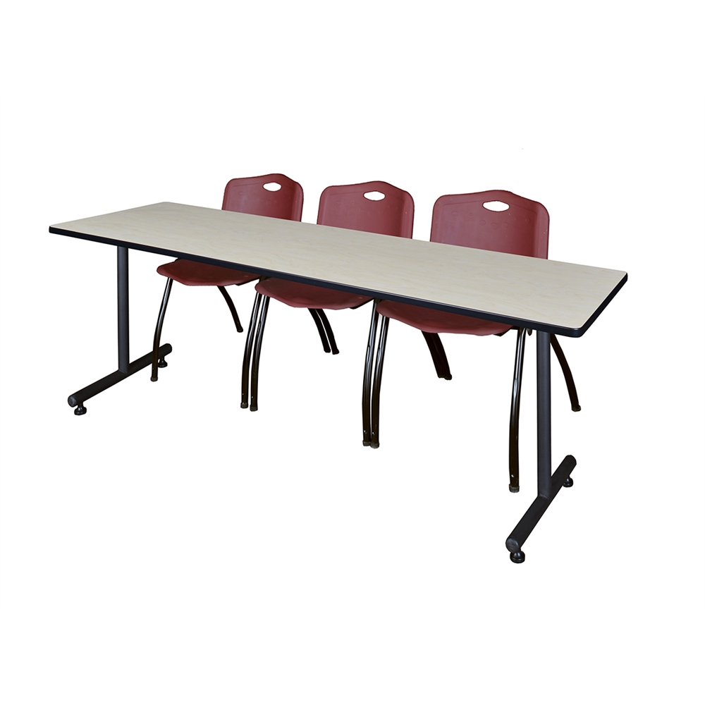 84" x 24" Kobe Training Table- Maple & 3 'M' Stack Chairs- Burgundy. The main picture.