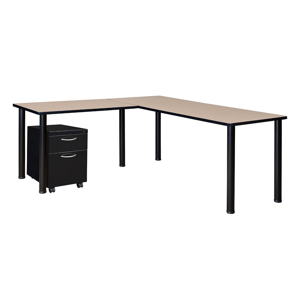 Kee 60" Single Pedestal L-Desk with 42" Return, Beige/Black. Picture 1