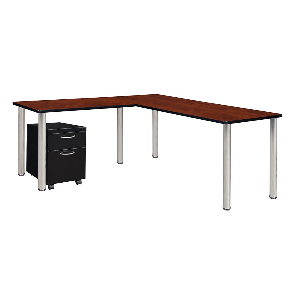 Kee 60" Single Pedestal L-Desk with 42" Return, Cherry/Chrome. Picture 1