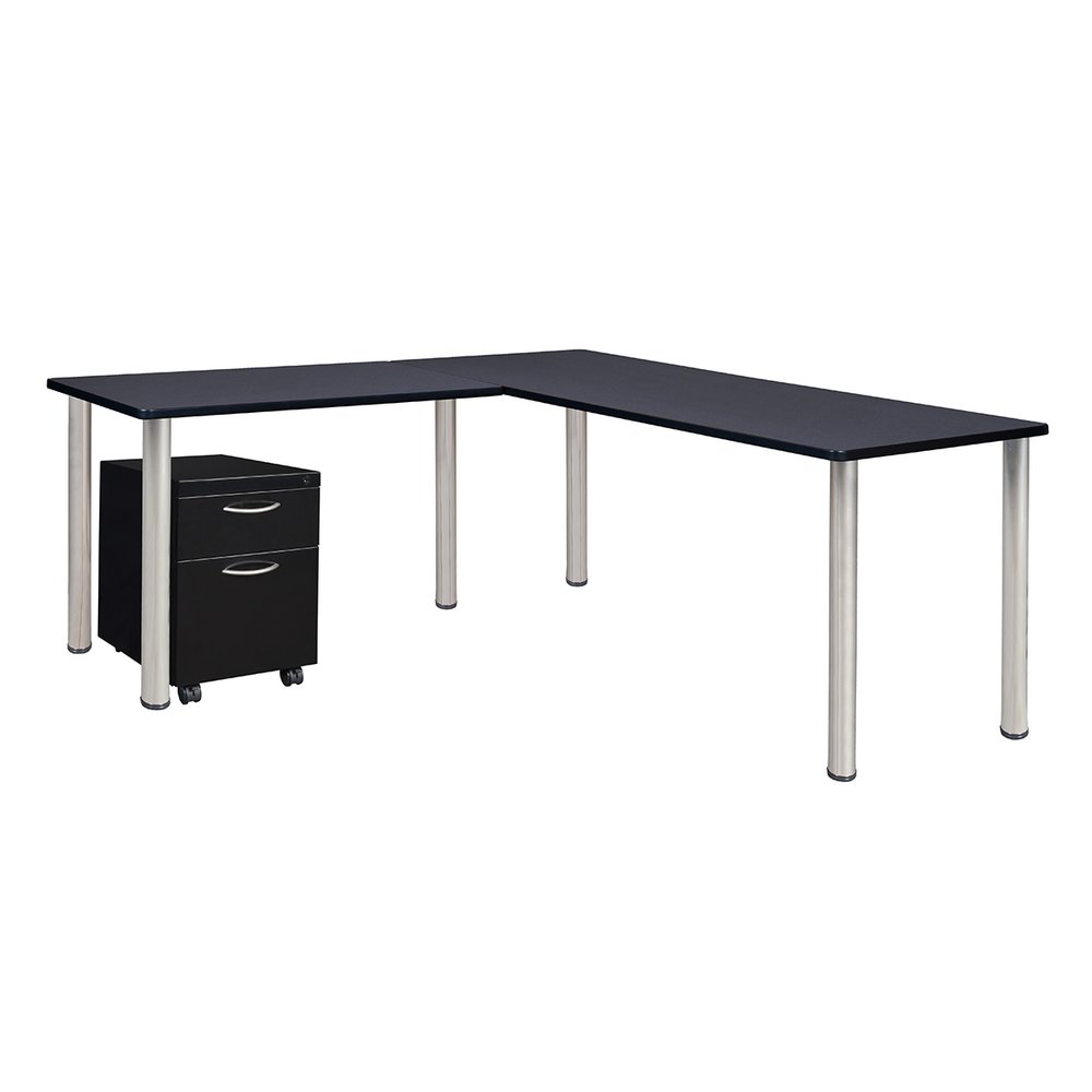Kee 60" Single Pedestal L-Desk with 42" Return, Grey/Chrome. Picture 1