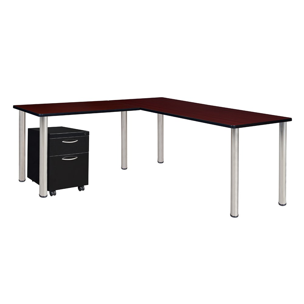 Kee 60" Single Pedestal L-Desk with 42" Return, Mahogany/Chrome. Picture 1