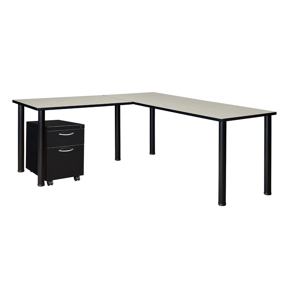 Kee 60" Single Pedestal L-Desk with 42" Return, Maple/Black. Picture 1