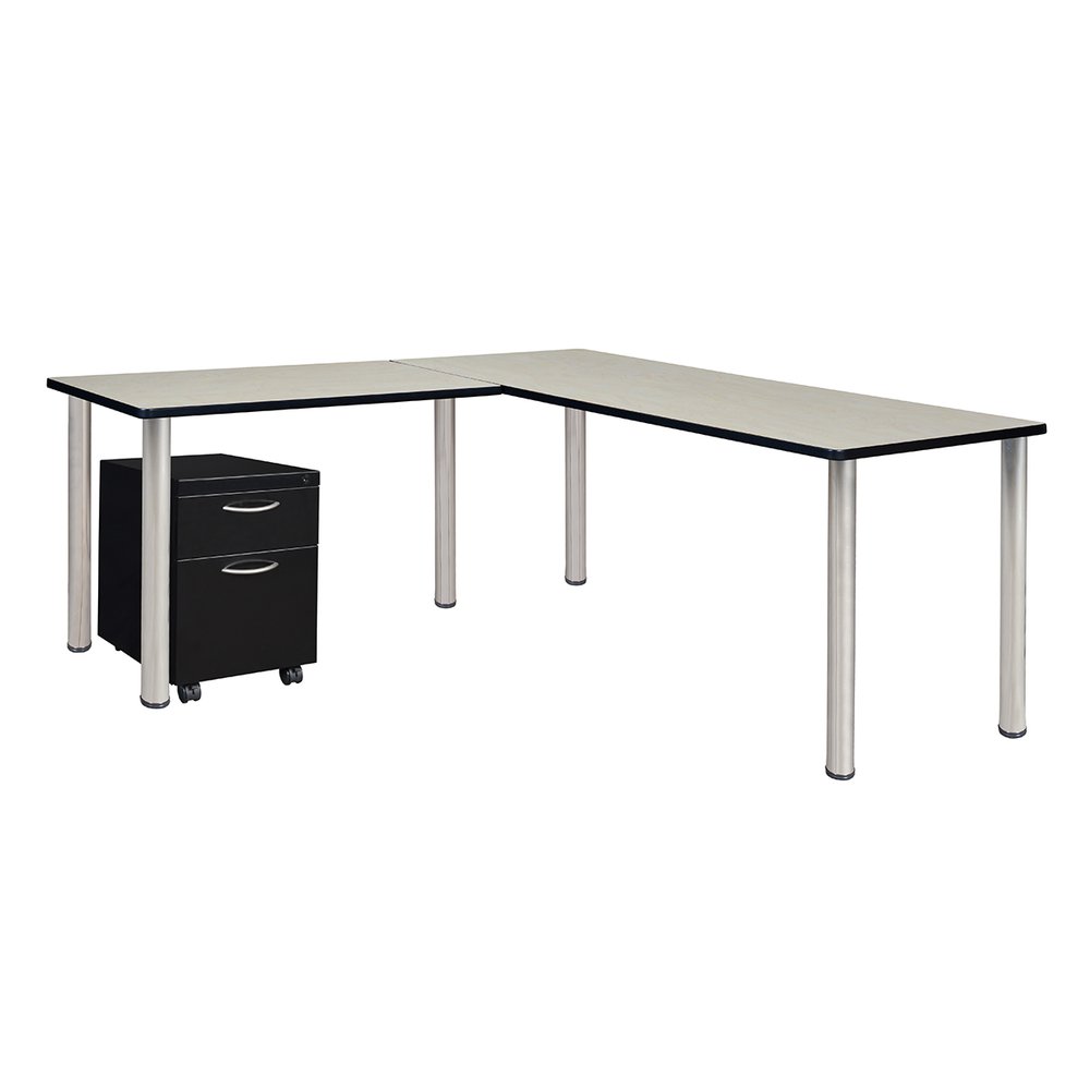 Kee 66" Single Pedestal L-Desk with 42" Return, Maple/Chrome. Picture 1